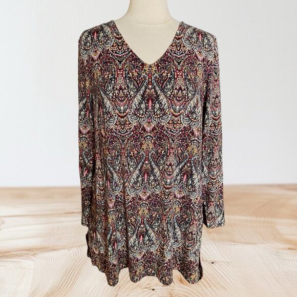 J. Jill Paisley Tunic Top Blouse Sz Large Cotton Modal Knit V Neck Long Sleeves - Picture 3 of 14